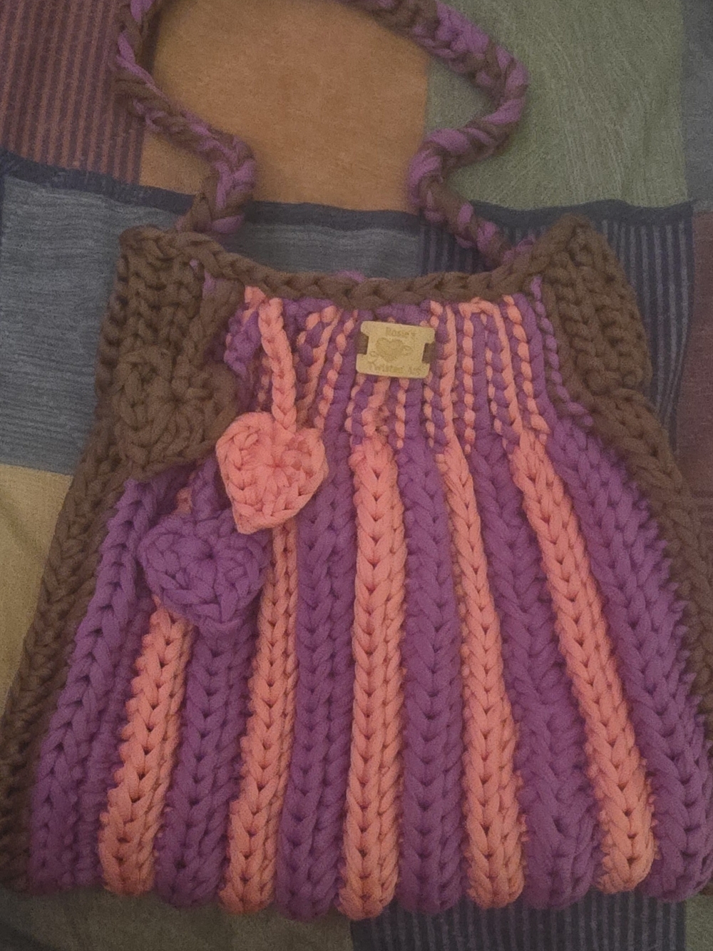 Handmade Chunky Crochet Shoulder Bag in Purple and Coral Pink